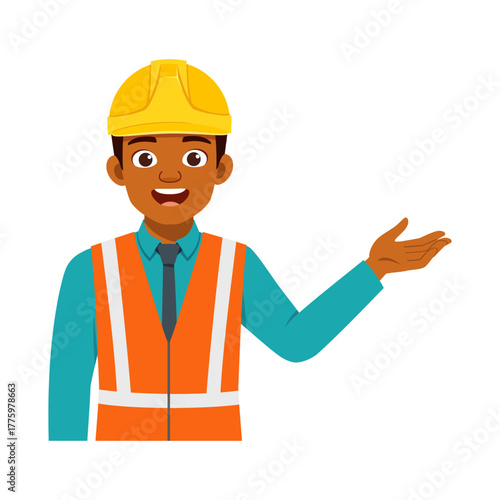 African American Construction Worker Presenting with Open Hand Isolated on White