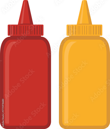 Classic red ketchup and yellow mustard vector squeeze bottles for condiments isolated on transparent background