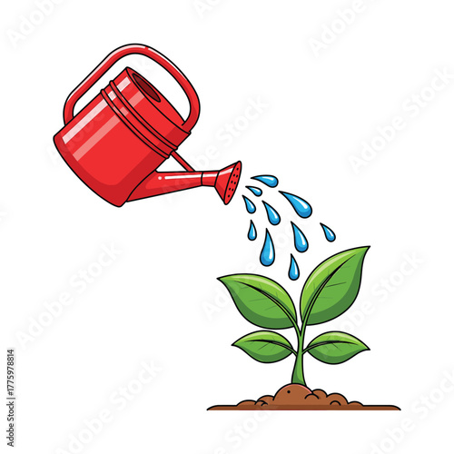 Red watering can pouring water on a small green plant growing from soil seedling