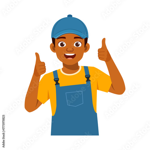 Happy African American boy wearing coverall uniform and hat giving thumbs up with smiling expression