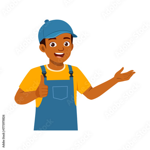 Happy African American Boy Wearing Overalls Presenting with a Smile and Thumbs Up Gesture