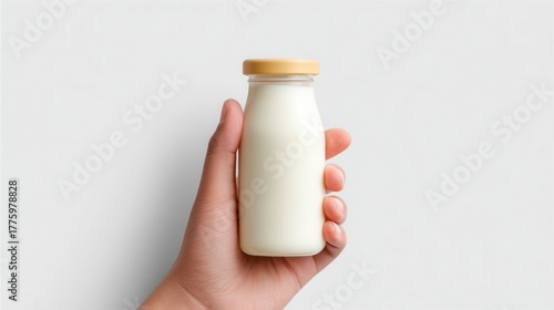 Wallpaper Mural Person Holding a Small Plastic Bottle of Yogurt against a Light Background Torontodigital.ca