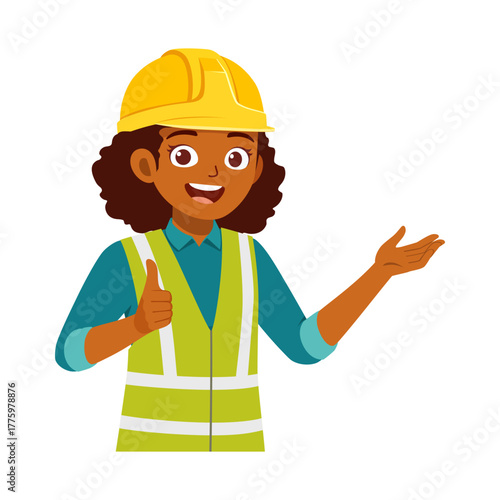 Happy African American Woman Construction Worker Giving Thumbs Up and Presenting Isolated