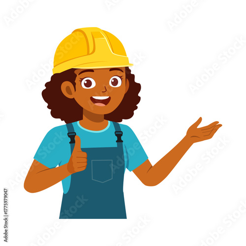 Happy African American Woman Construction Worker Giving Thumbs Up and Presenting with a Smile