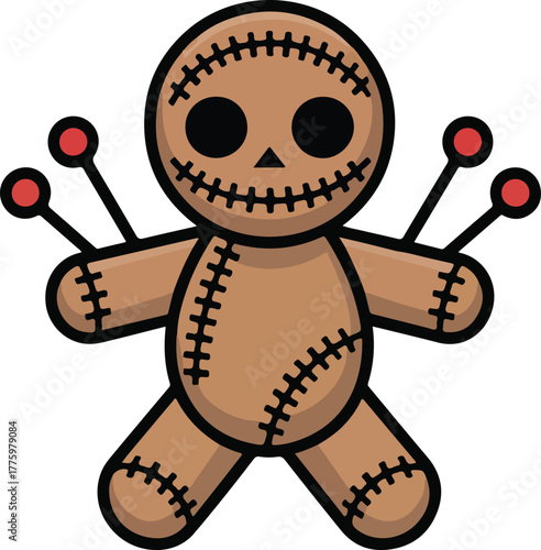 Creepy voodoo doll vector illustration with red pins and stitched features on a dark background for occult themes