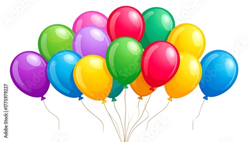A cluster of colorful, shiny party balloons with thin strings. Bright and festive, isolated on a white backdrop