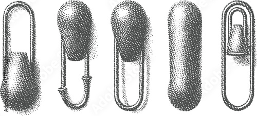 Five vintage safety pins in a row with stippled shading antique metal