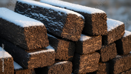 Pile of peat bricks with snow dusting, alternative fuel, winter preparation