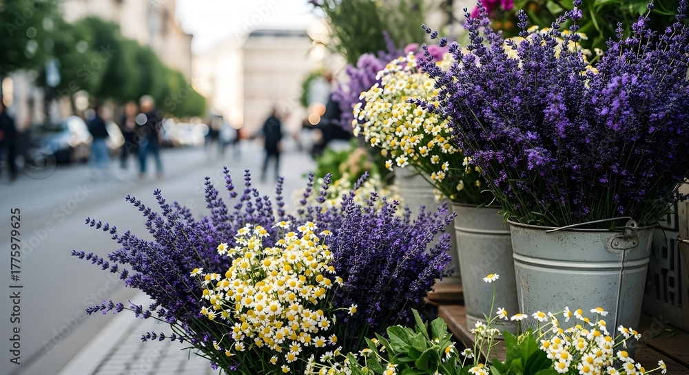 Fototapeta premium bouquets of wildflowers spill from buckets on a city street vendor’s stall.