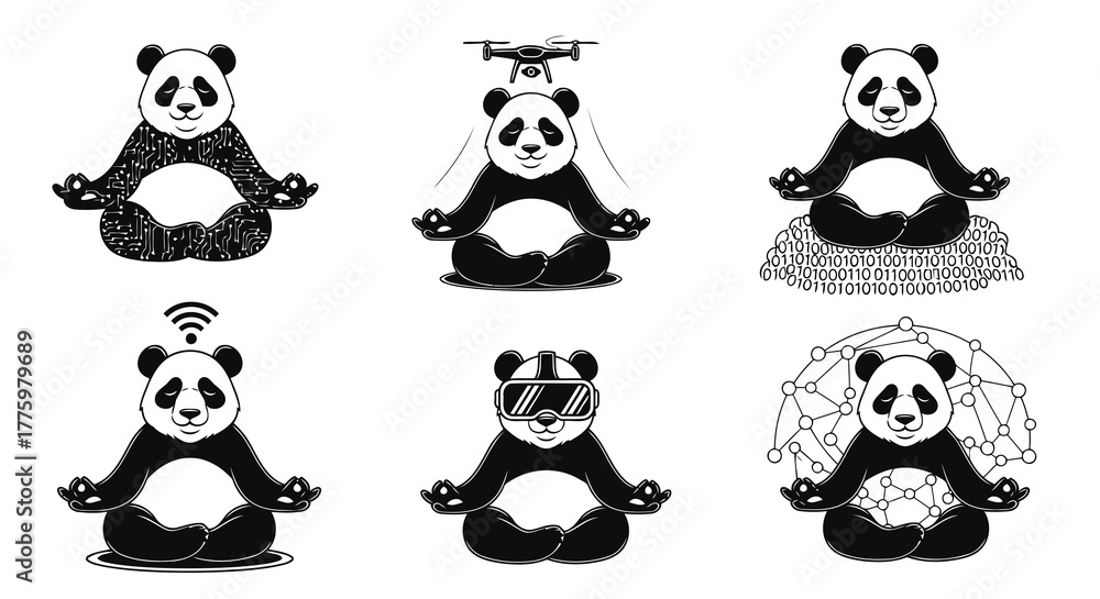 Fototapeta premium Meditating panda silhouettes: technological and digital concepts with tranquil bears