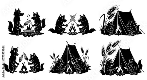 Wolves Camping Outdoors Enjoying Campfire Activities with Corn and Hot Dogs