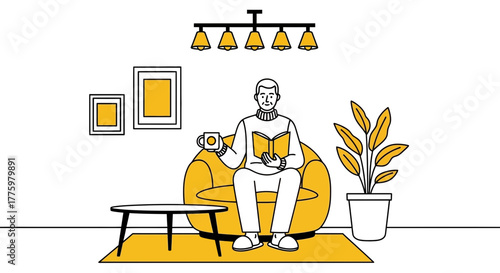 Man relaxing in a cozy armchair, reading a book and enjoying a warm drink.