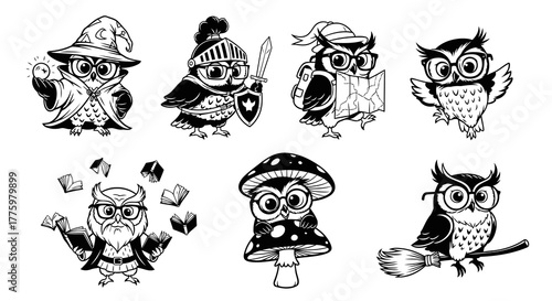 Collection of Cute Owl Characters in Various Professions and Roles Illustrations
