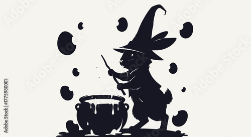 Cute Bunny Wizard Brewing Potion Cartoon Animal Black White Silhouette Spellcaster