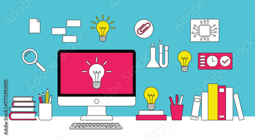 Creative idea concept with light bulbs and computer for innovation