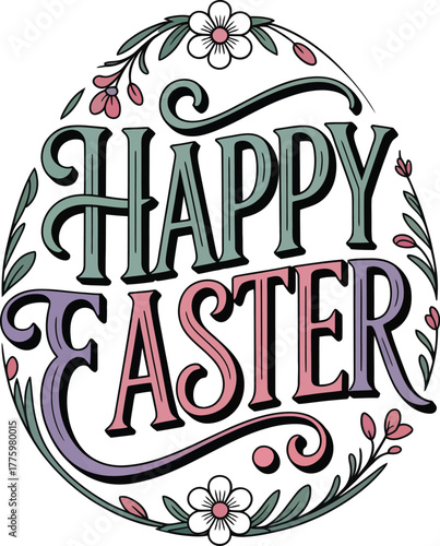 Happy Easter typography with floral decoration vector illustration .