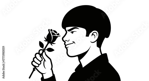 Young man with a smile enjoys the fragrance of a single rose