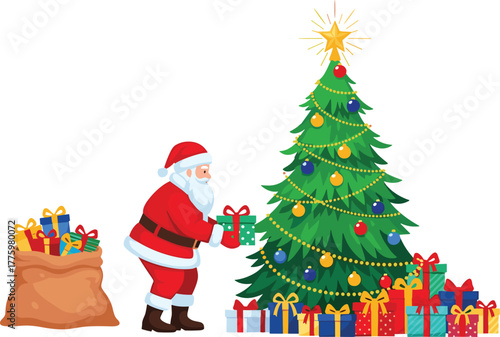 Santa Claus placing Christmas gift under decorated tree, holiday celebration, festive season, presents, joy, tradition, winter holiday, cad drawing flat vector illustration