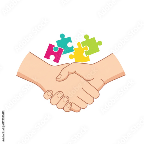 Hands shaking with colorful puzzle pieces above for teamwork concept  