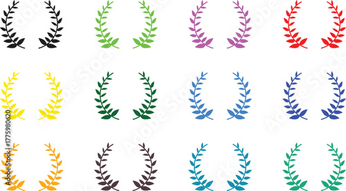 Collection of colorful laurel wreaths isolated on white background, symbolizing victory, honor, and achievement, ideal for adding a touch of elegance to designs