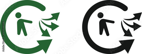 A green and black icon depicting a person surrounded by a circular arrow and emitting arrows, symbolizing transmission or spread, isolated on white background