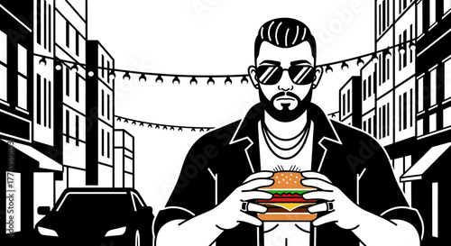 Stylish man holding a delicious burger in a vibrant city street
