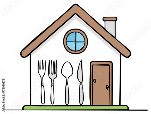 Cartoon house with utensils for dining. Kitchenware for cooking and eating.