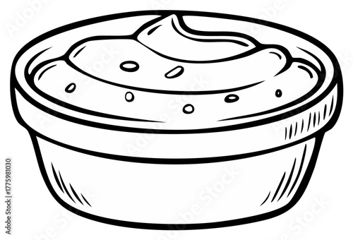 Hand drawn black and white line art illustration of a creamy savory dip in a small round bowl