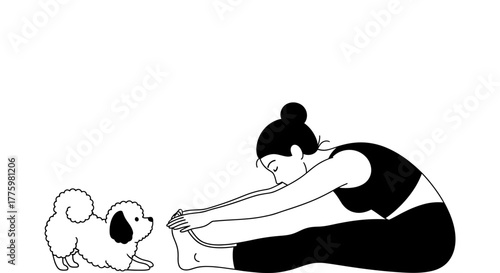 Woman practicing yoga forward fold with playful dog nearby