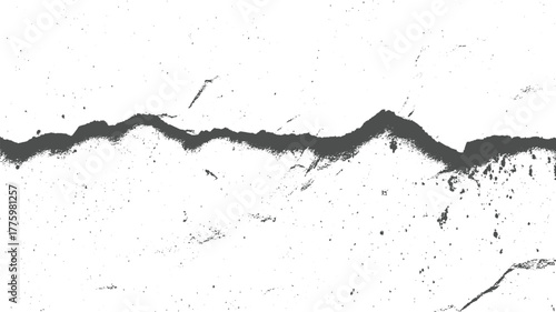Dark jagged line across a white background with scattered dark speckles abstract black