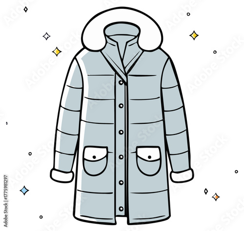 Cartoon illustration of a winter coat with a fluffy fur collar