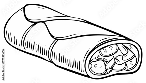 Illustration of a Delicious Burrito with Savory Filling Ready to Eat Outlined in Black and White Perfect for a Coloring Book