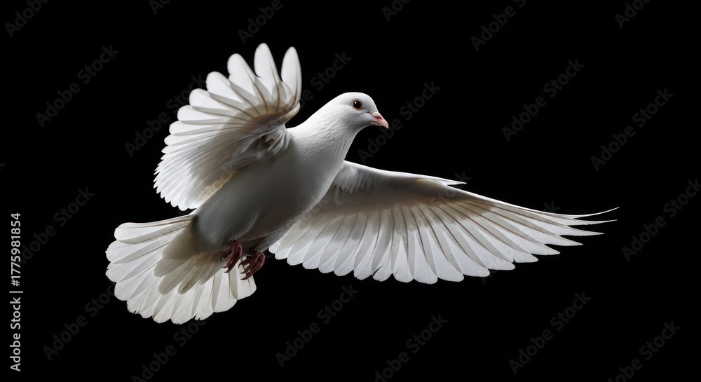 Obraz premium White dove in flight against a stark black background, wings spread wide