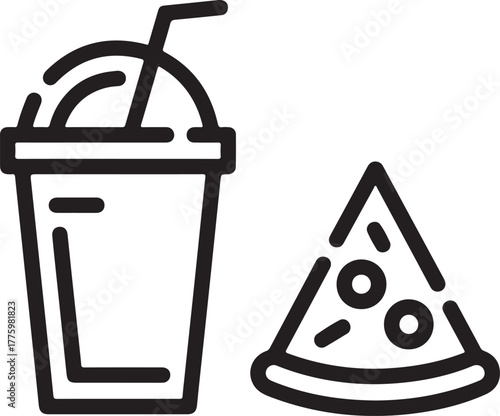 Vector outline icon of a soda drink cup with a straw alongside a delicious slice of pepperoni pizza fast food meal