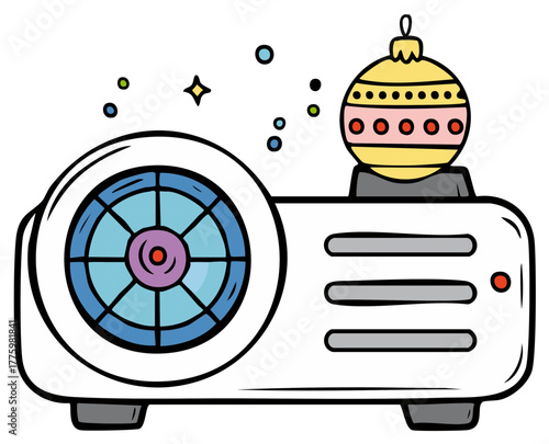 Festive movie projector with a Christmas ornament for holiday entertainment