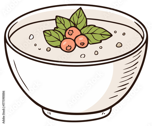 Delicious oatmeal bowl with berries and leaves drawing, tasty vegan breakfast illustration in bright colors