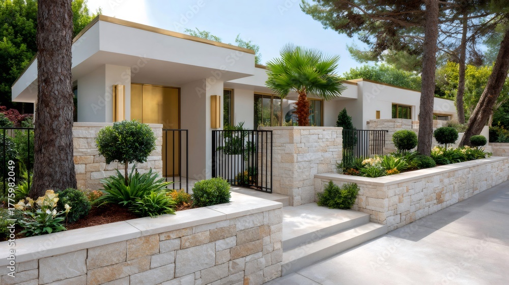 Fototapeta premium Modern luxury house exterior with stone wall landscaping