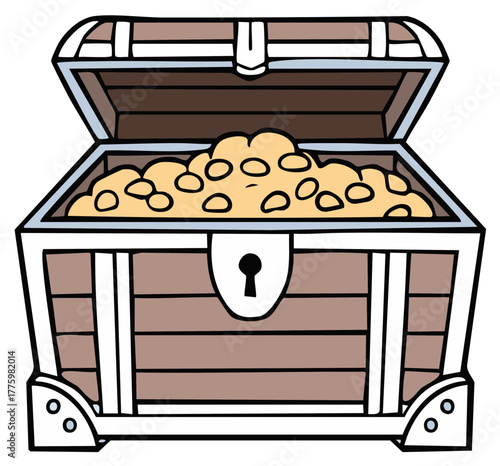 Cartoon treasure chest open with gold coins. Concept of wealth, rewards, or prize