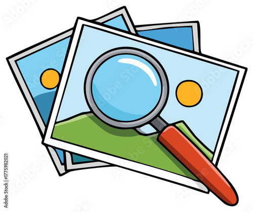 Magnifying glass over landscape photos cartoon illustration