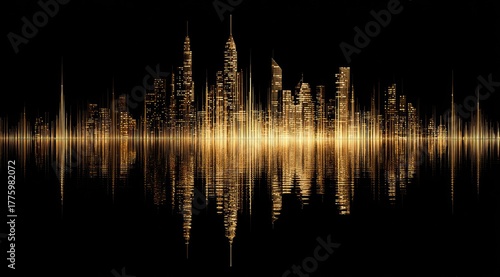 Golden city skyline, abstract waveform
