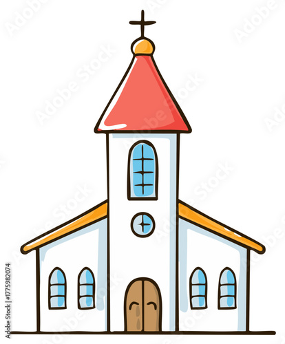 Delightful Cartoon Church Illustration with Cross and Tower