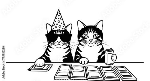 Two cool cats celebrating with party hat and drinks, ready for fun