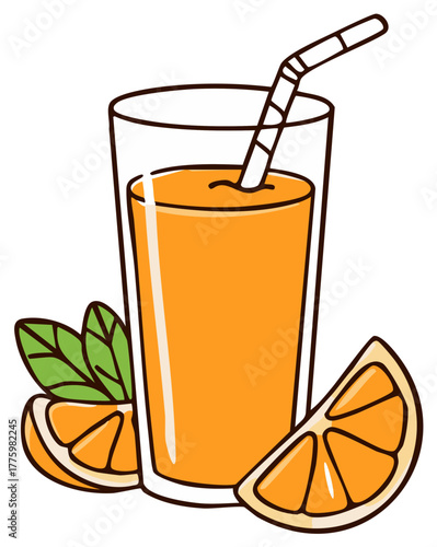Cartoon illustration of a glass of orange juice with a straw, orange slices and leaves