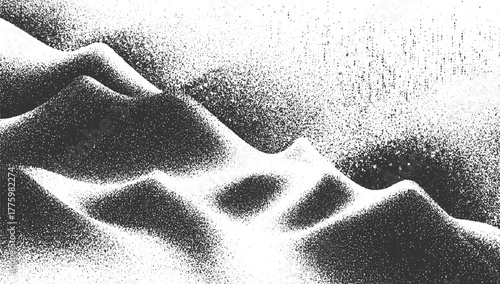 Abstract monochrome grainy texture with undulating dark shapes and scattered dots black white