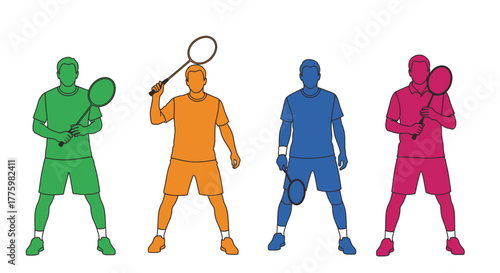 Badminton players in colorful outfits ready for a badminton match