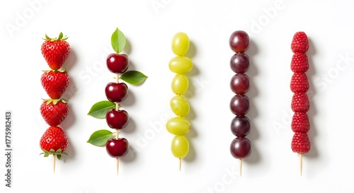 Colorful fruit skewers featuring strawberries cherries grapes and raspberries on white background