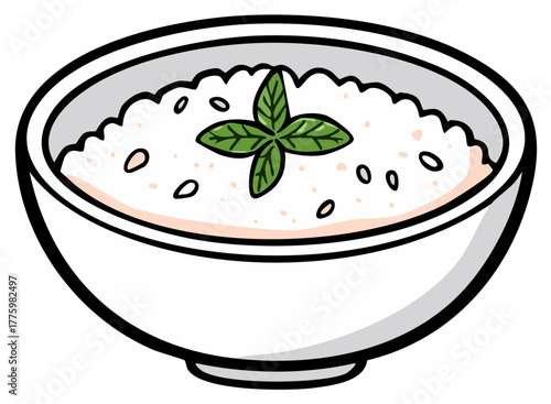 Bowl of Creamy Rice Pudding with Garnish Fresh Mint Leaf Herb Topping Meal