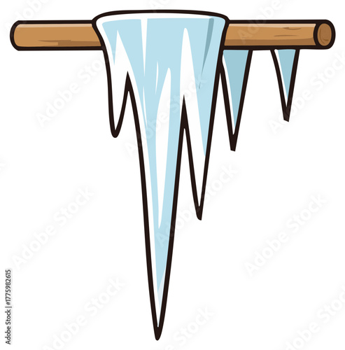 Cartoon illustration of icicles hanging from a wooden beam. Winter season