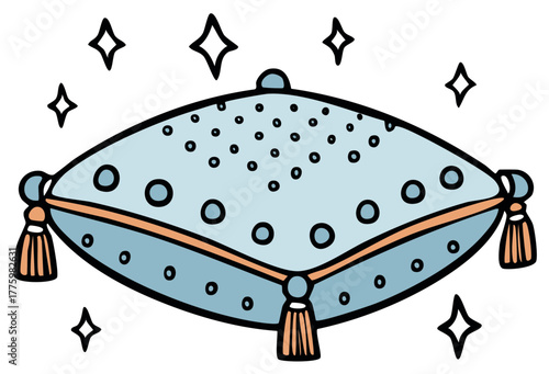 Ornamental blue pillow with tassels and dots, surrounded by stars in a modern illustrative design style.