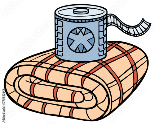 Retro Film Canister and Unspooling Film Resting on Cozy Plaid Picnic Blanket Illustration